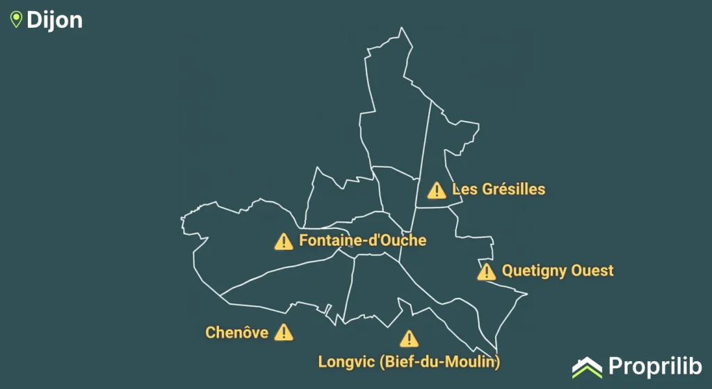 Carte des zones à éviter à Dijon et aux alentours