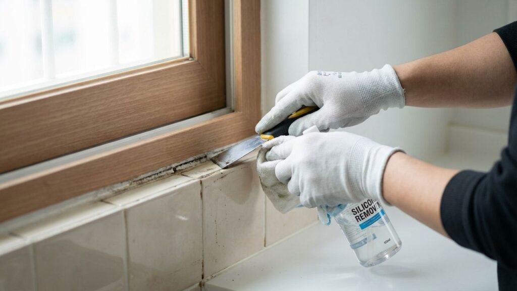 Spatule pour retirer des joints en silicone près d'une fenêtre
