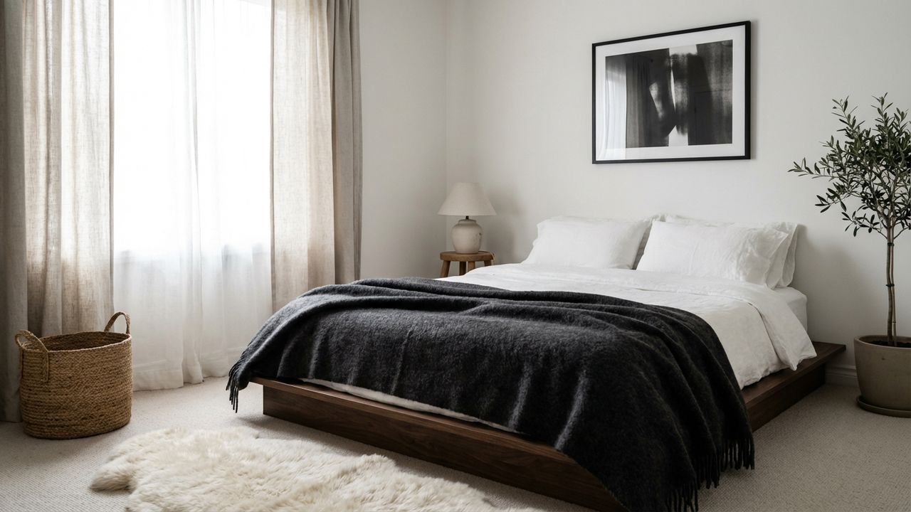 Belle chambre avec du blanc, du noir et une touche de bois