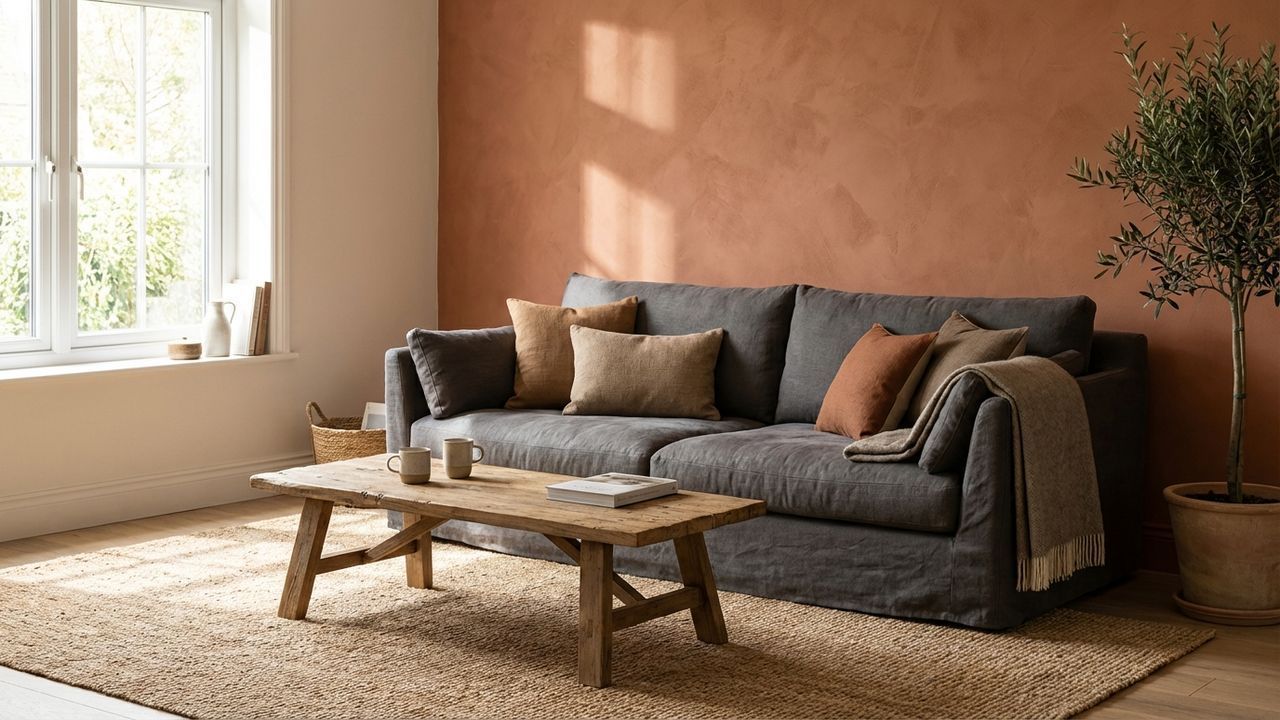 Mur rouge terracotta et table basse en bois