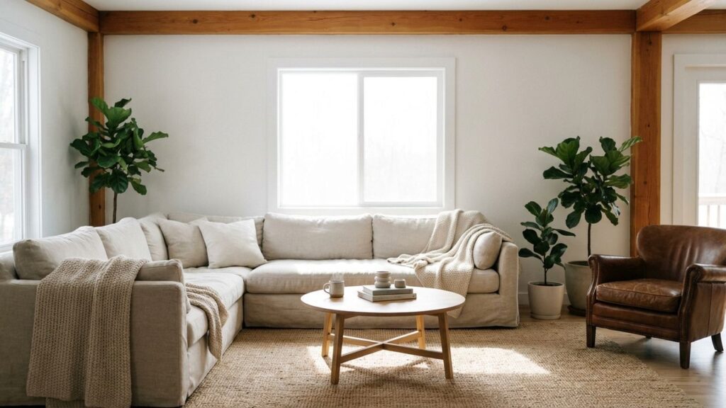 Salon blanc et bois avec grand canapé