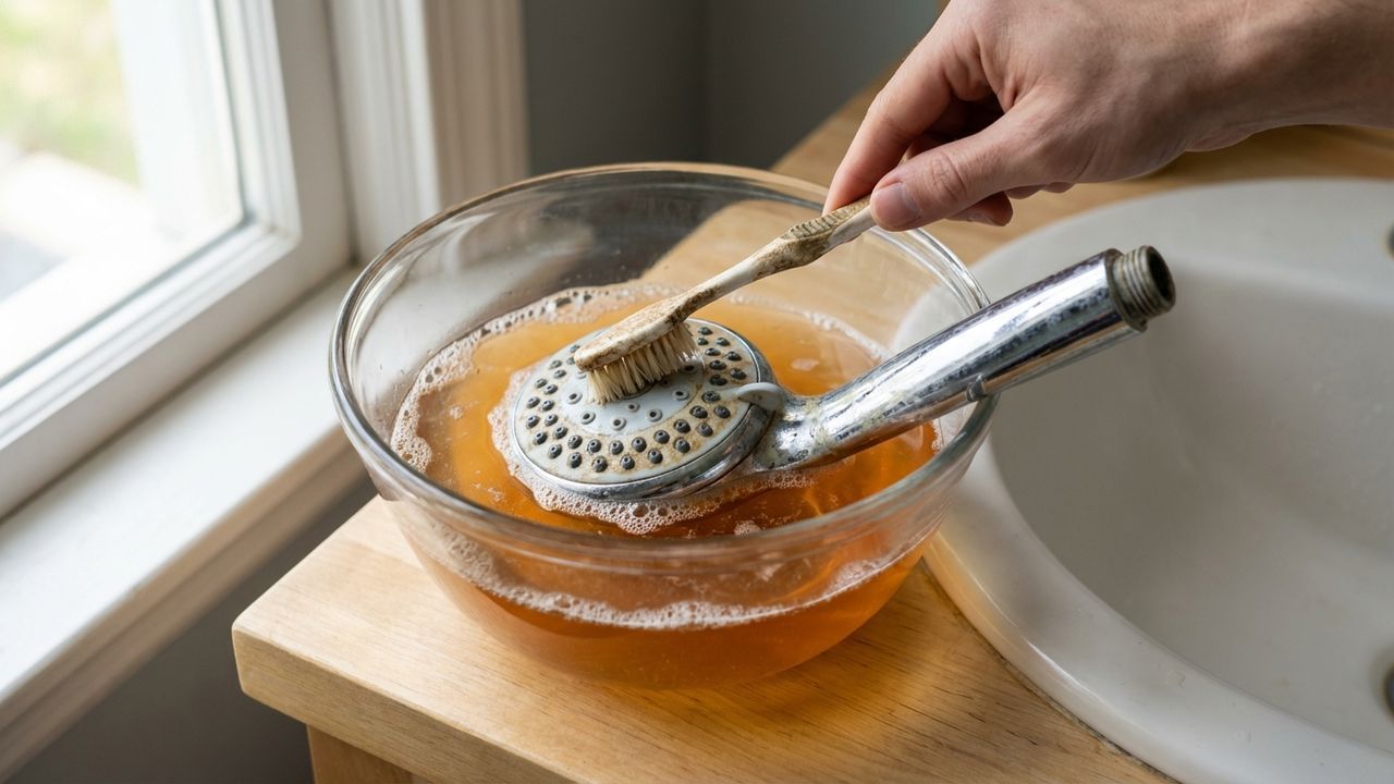 Nettoyage d'un pommeau de douche à la brosse à dent