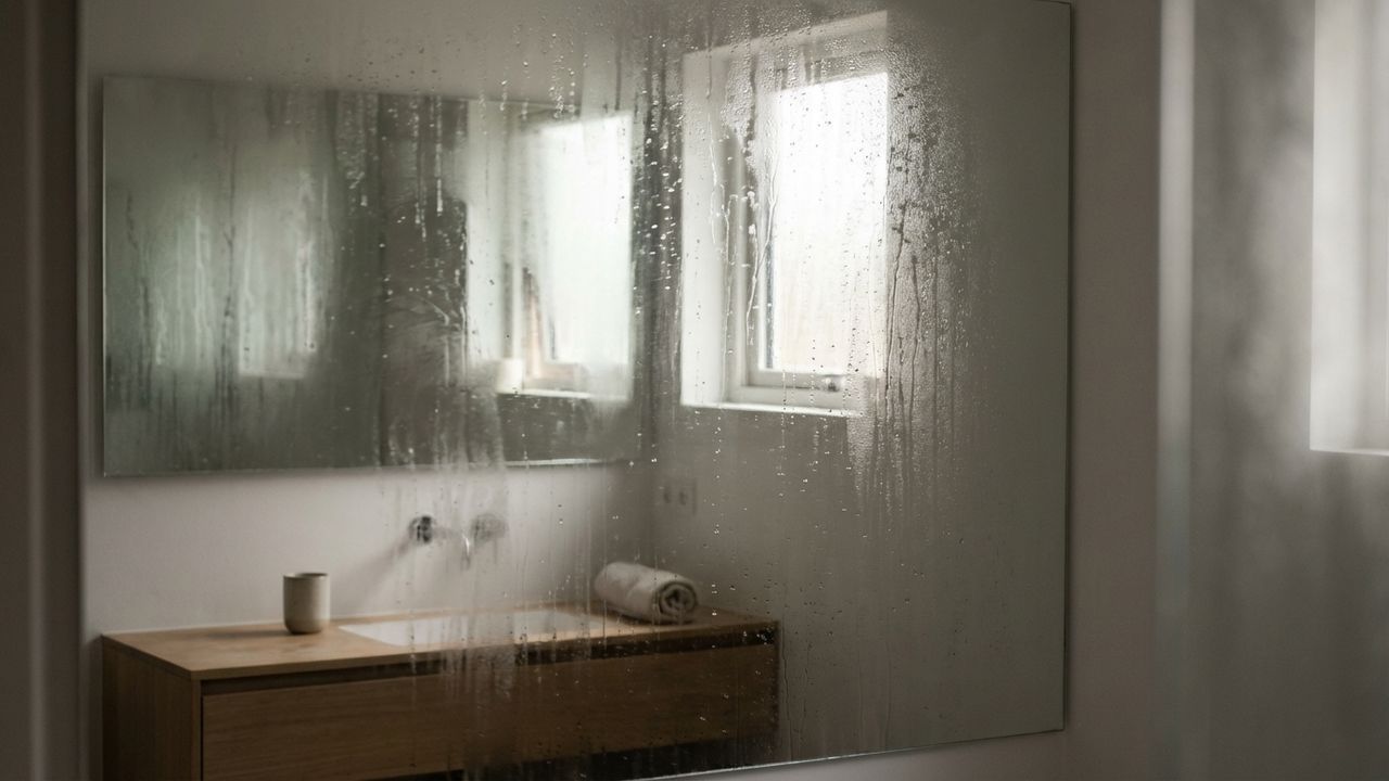Salle de bain avec beaucoup de buée