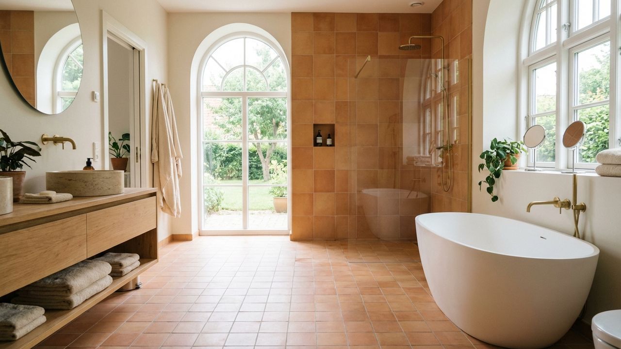 Grande salle de bain terracotta et beige