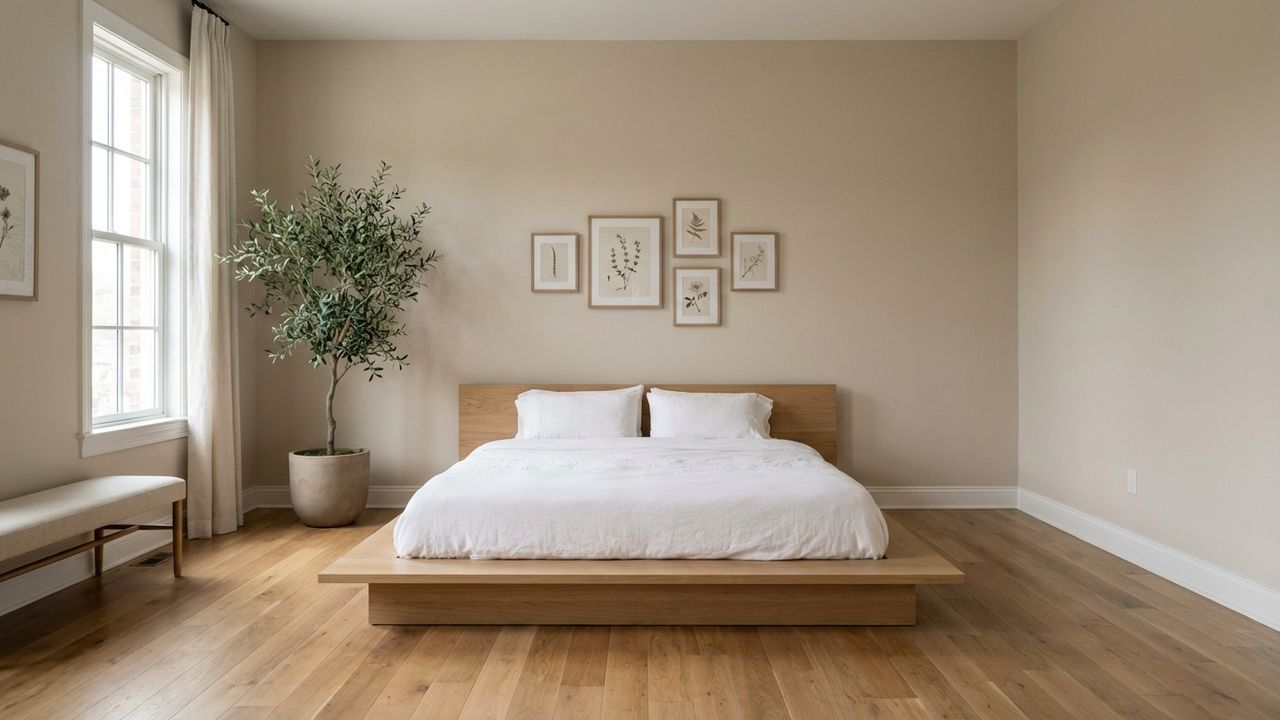 Grand lit king size dans une chambre couleur bois