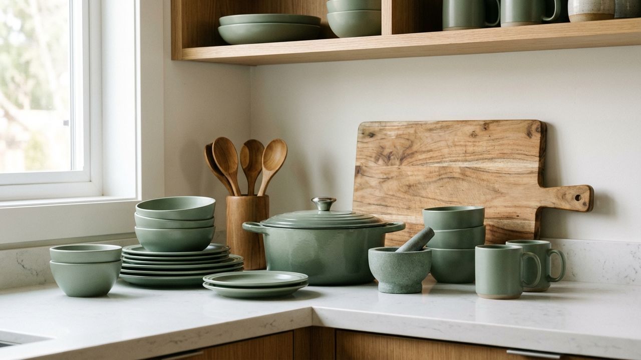 Cuisine avec plan de travail blanc et accessoires vert et bois