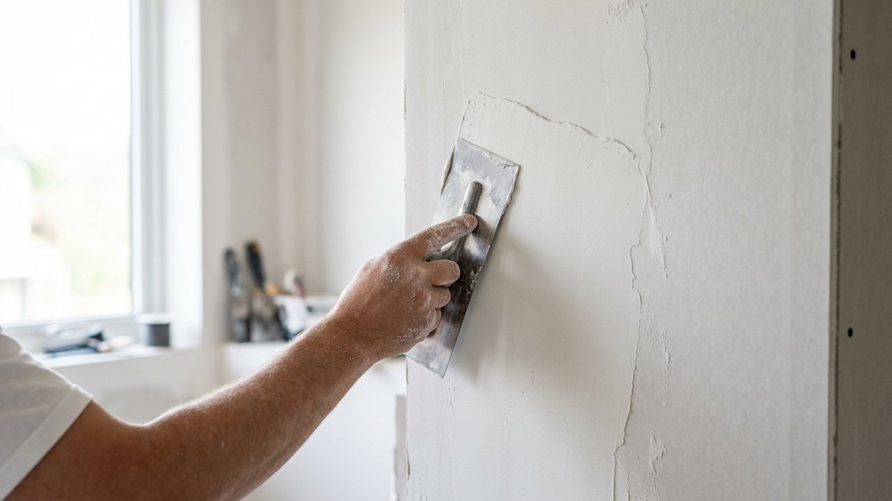 Application d'enduit de lissage sur une surface plane de mur