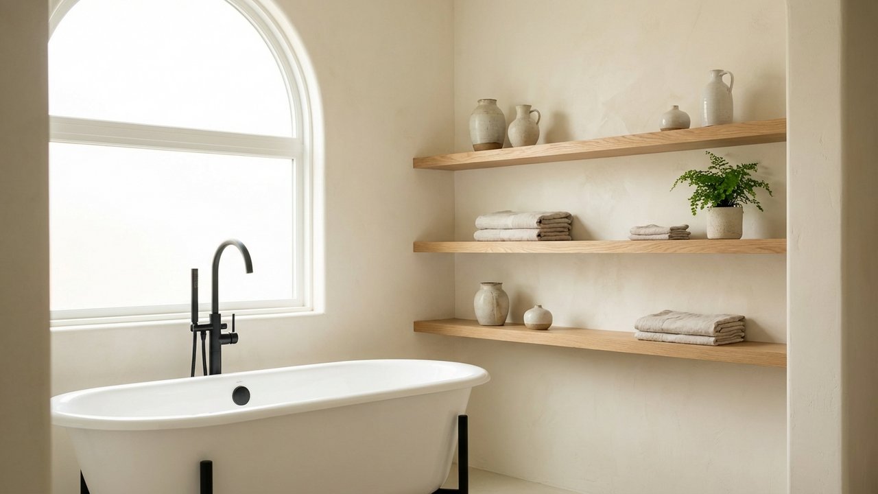 Baignoire îlot blanche avec accessoires noirs et étagères en bois clair