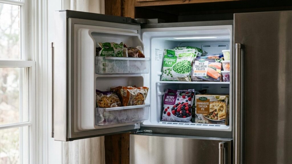 Congélateur ouvert rempli d'aliments surgelés et de packs de glace