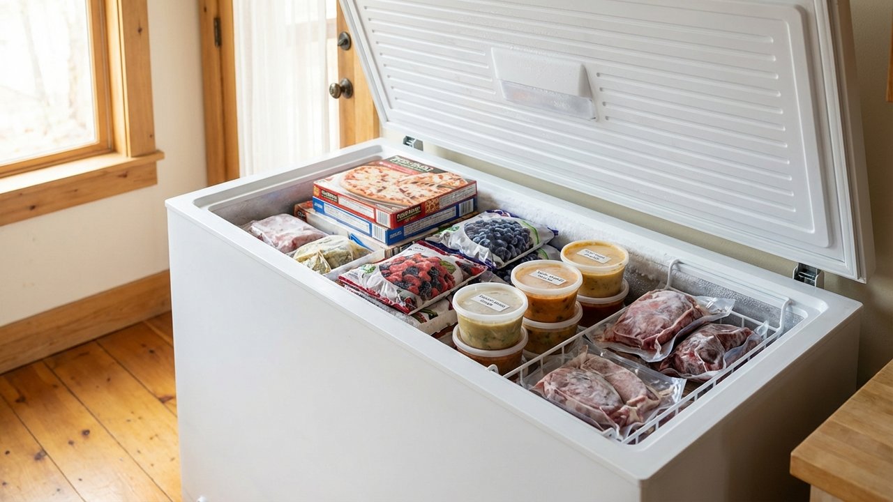 Congélateur coffre complètement rempli d'aliments surgelés tassés