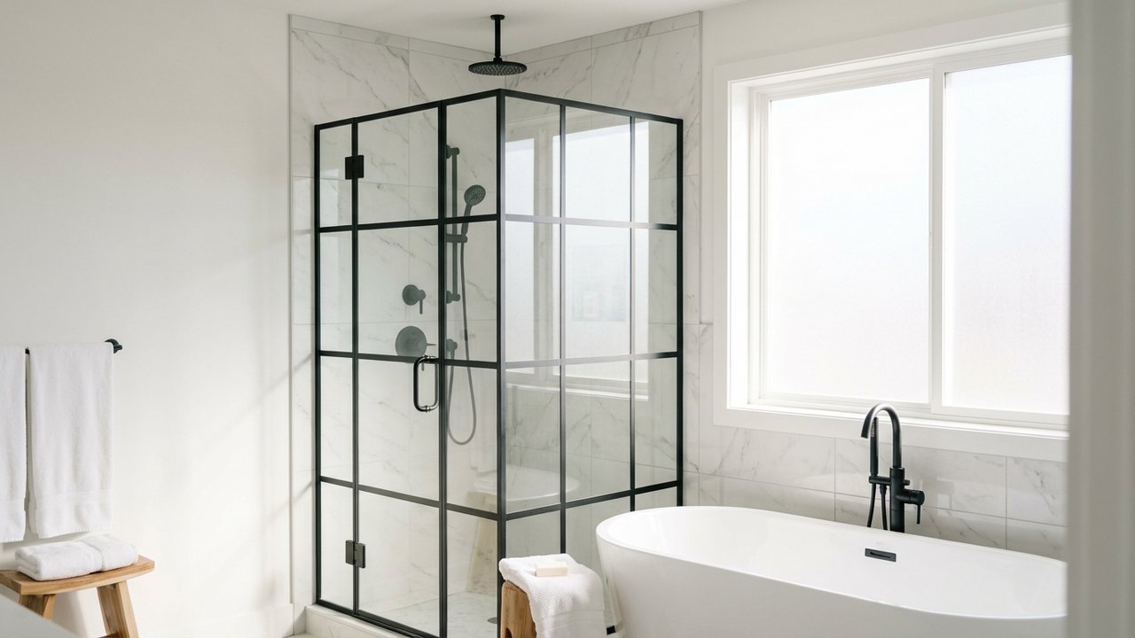 Receveur de douche noir avec robinetterie et paroi vitrée assortie