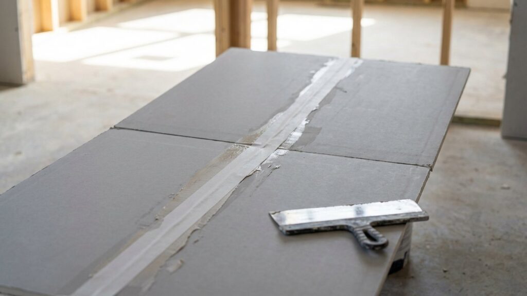 Enduit joint appliqué sur bande à joint entre plaques de placo