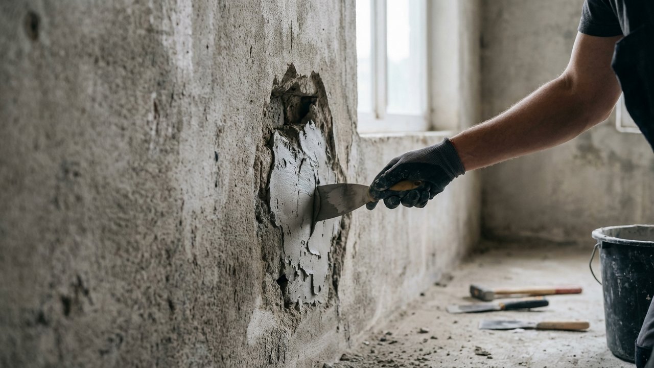 Enduit de rebouchage comblant un trou profond dans un mur
