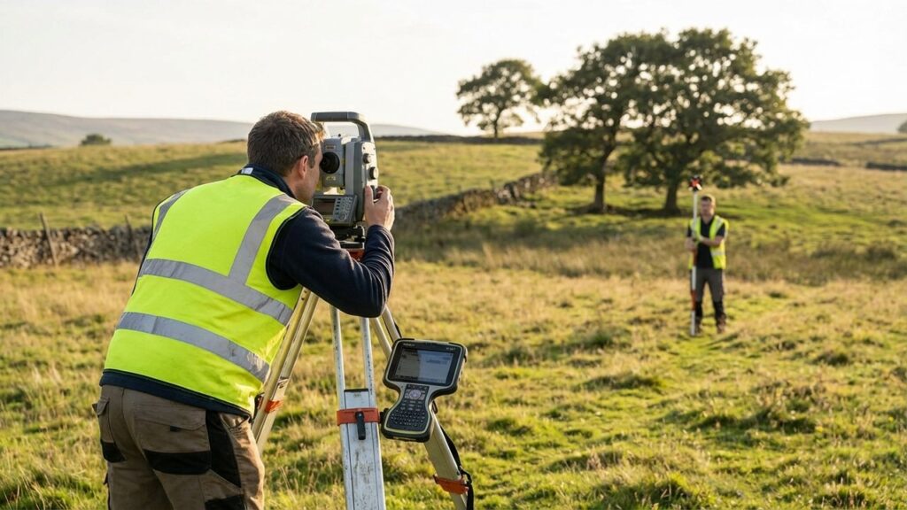 Géomètre effectuant un mesurage de terrain avec ses instruments professionnels