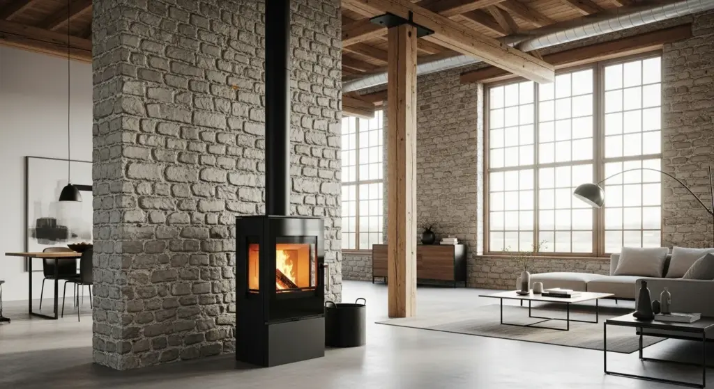 Association d'une cheminée et d'un mur en pierre