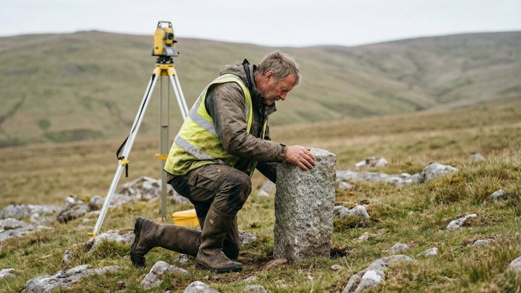 Pose d'une borne de bornage sur un terrain par un géomètre