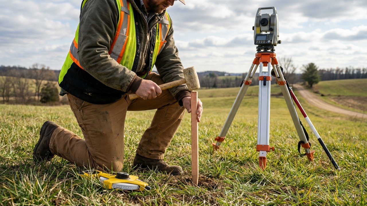 Pose de bornes de délimitation sur un terrain par un géomètre