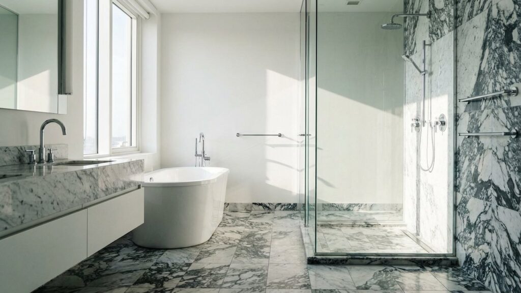 Salle de bain noir et blanc avec carrelage marbre et robinetterie chromée