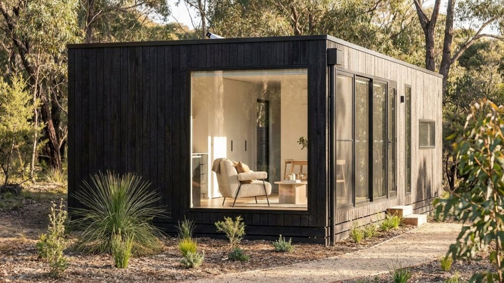 Tiny house contemporaine en bois avec grandes fenêtres