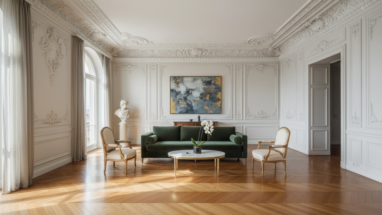Intérieur d'un appartement haut de gamme à Lyon avec parquet d'époque et moulures
