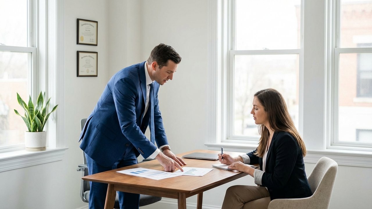 Conseiller présentant les avantages du rachat de crédit à un client