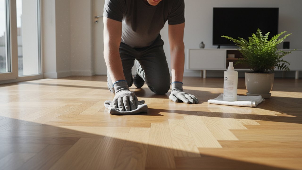Entretien d'un parquet huilé avec une microfibre humidifiée