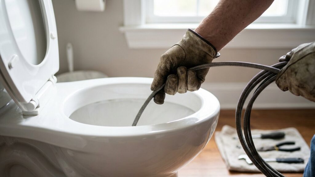 Insertion d'un furet WC dans la cuvette pour déboucher