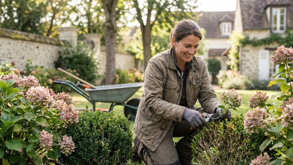 Jardinier paysagiste entretenant un jardin dans le Val-de-Marne