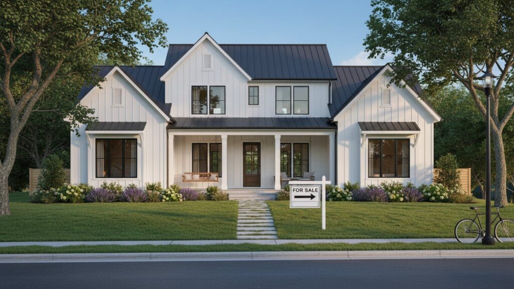 Maison à vendre avec panneau immobilier devant