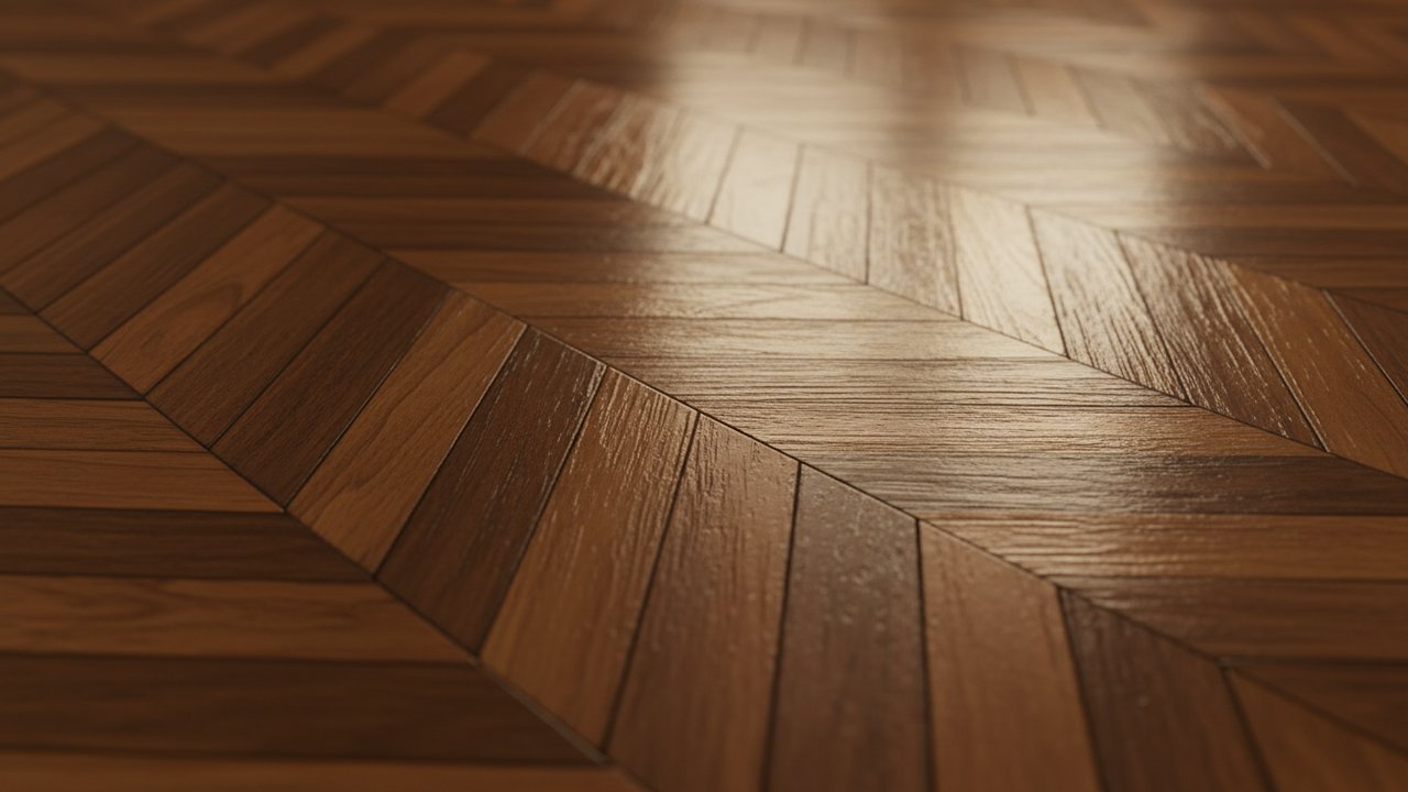 Détail d'un parquet vitrifié avec finition brillante et lisse