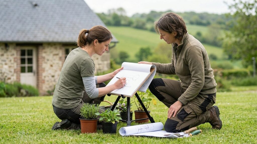 Paysagiste aménageant un jardin en Normandie