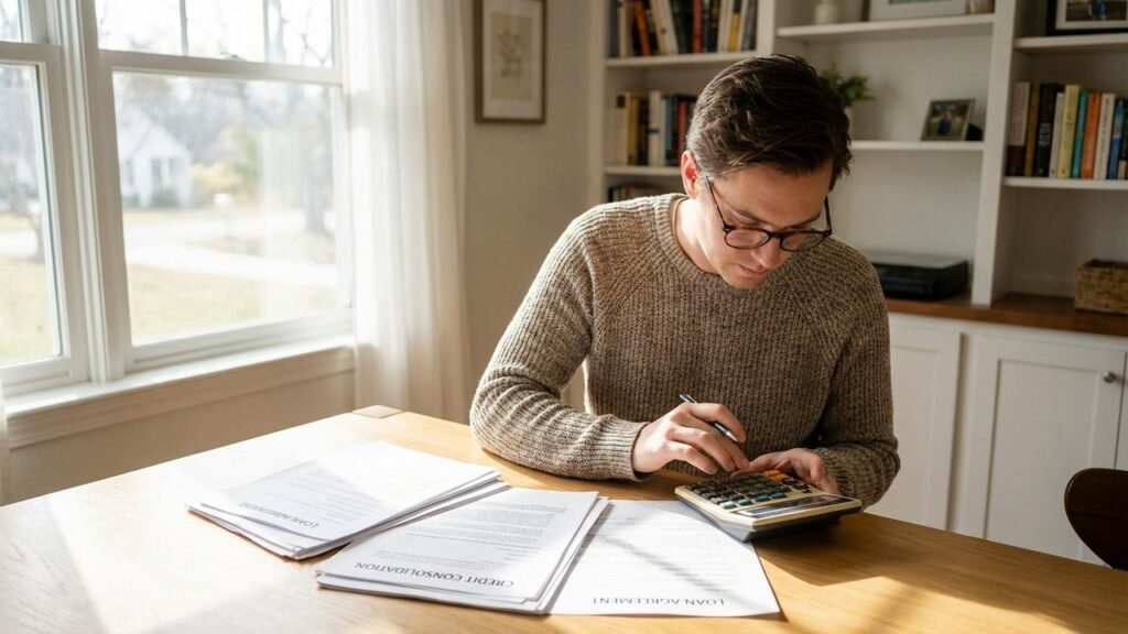 Examen de documents de rachat de crédit avec calculatrice