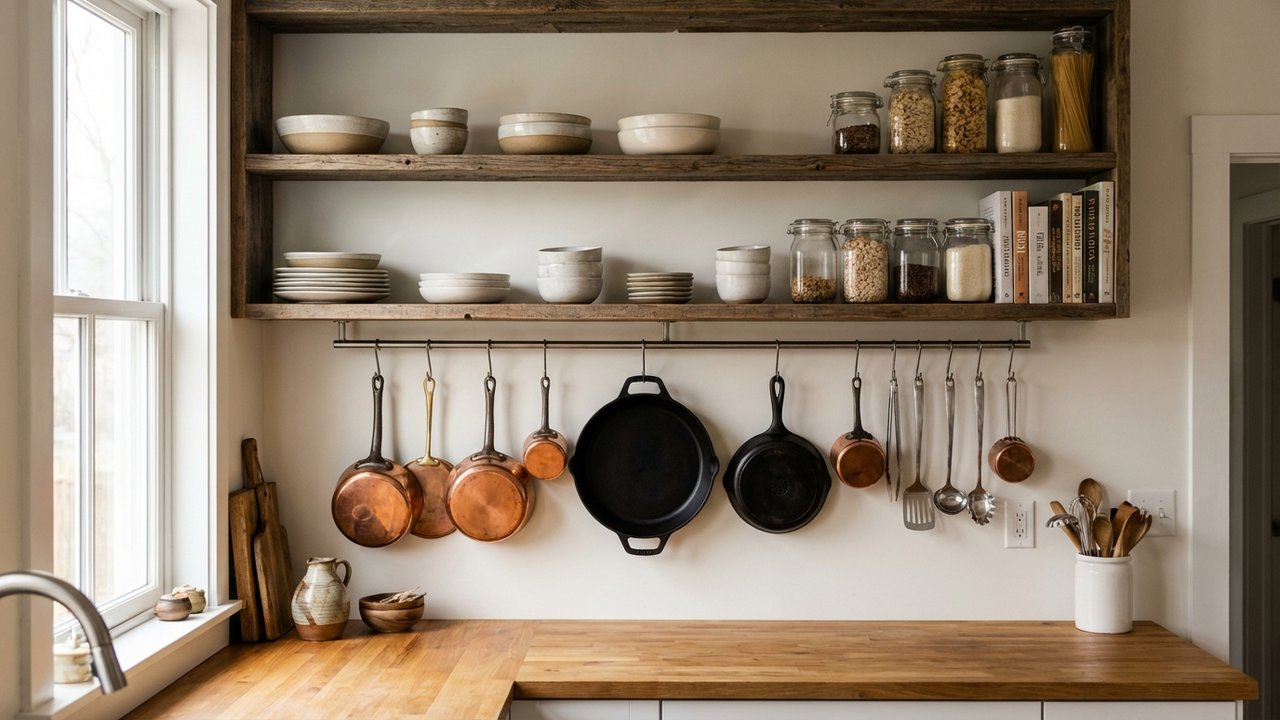 Optimisation des rangements en cuisine avec crochets et étagères murales