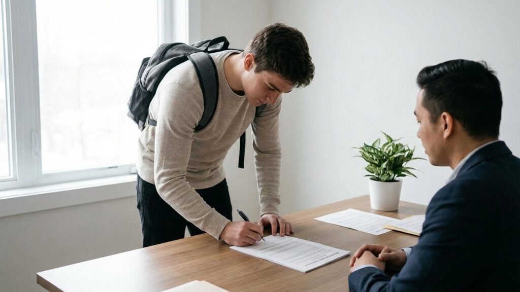 Étudiant signant un contrat de bail pour son logement