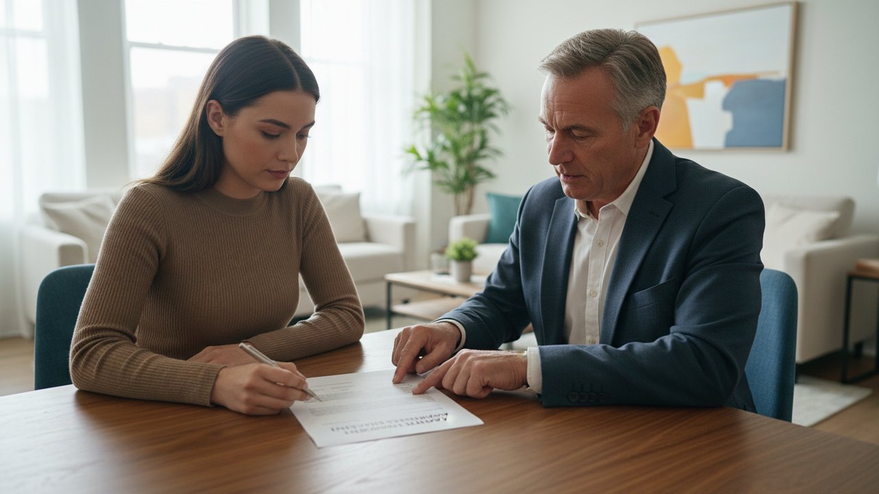 Signature d'un document entre propriétaire et locataire pour vente d'appartement