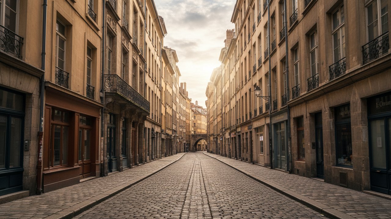 Rue pavée historique du Vieux-Lyon avec bâtiments Renaissance classés à l'Unesco