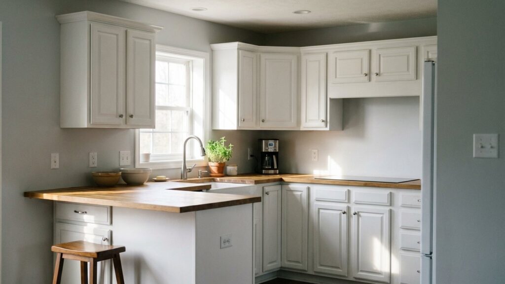 Petite cuisine fermée aménagée en L avec rangements optimisés