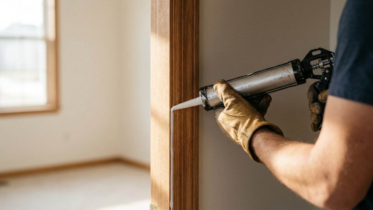 Application de mastic silicone au pistolet sur une porte d'entrée