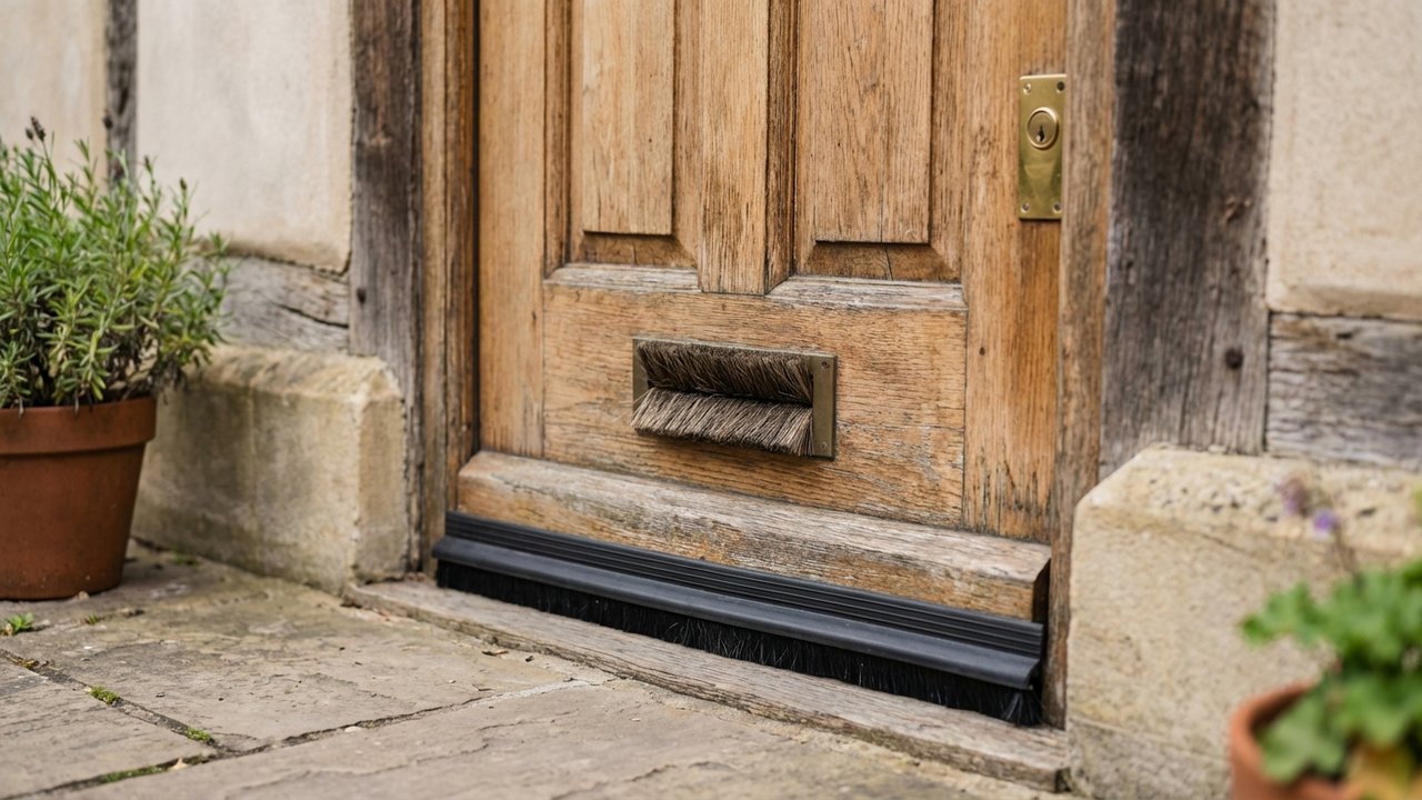 Détails de calfeutrage d'une porte avec brosse boîte aux lettres et cache serrure