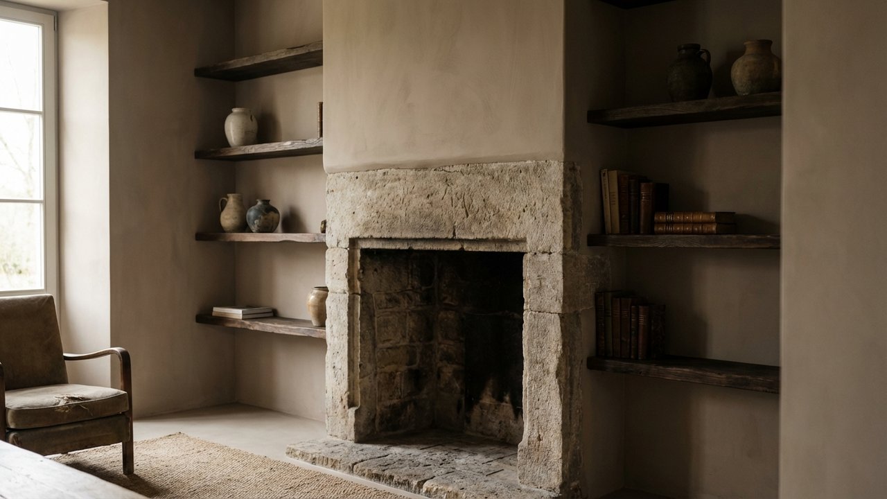 Intégration d'une cheminée ancienne dans un mur avec étagères en MDF peintes