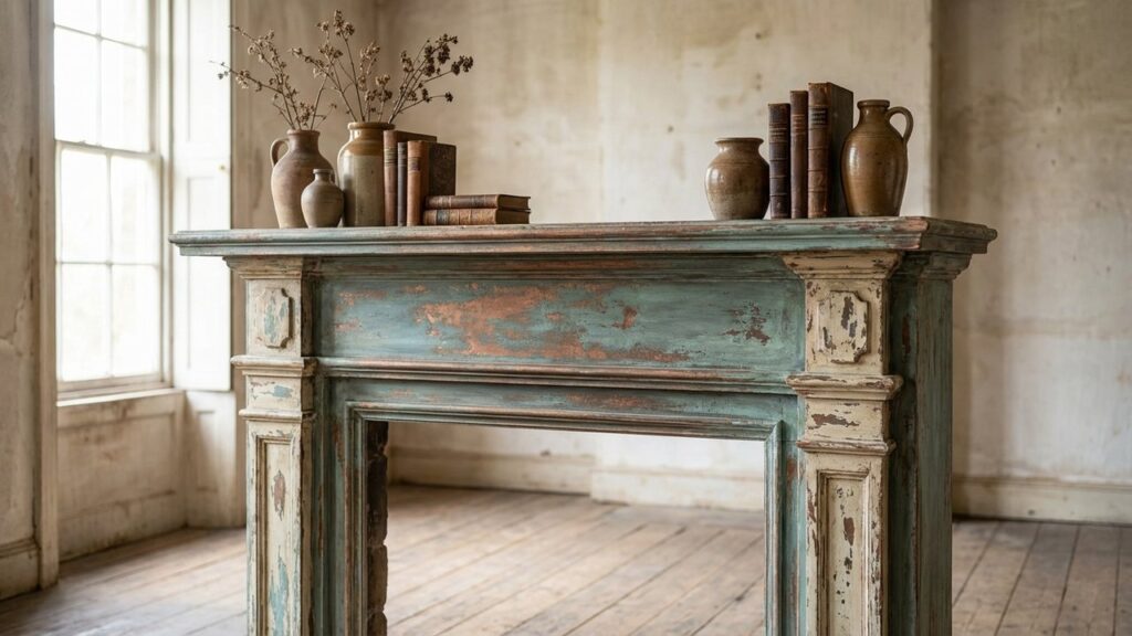 Cheminée ancienne relookée avec peinture chalk paint et effet patiné