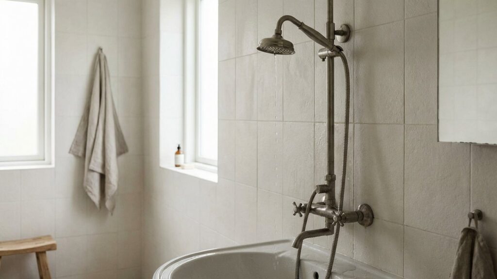 Colonne de douche qui fuit avec gouttes d'eau