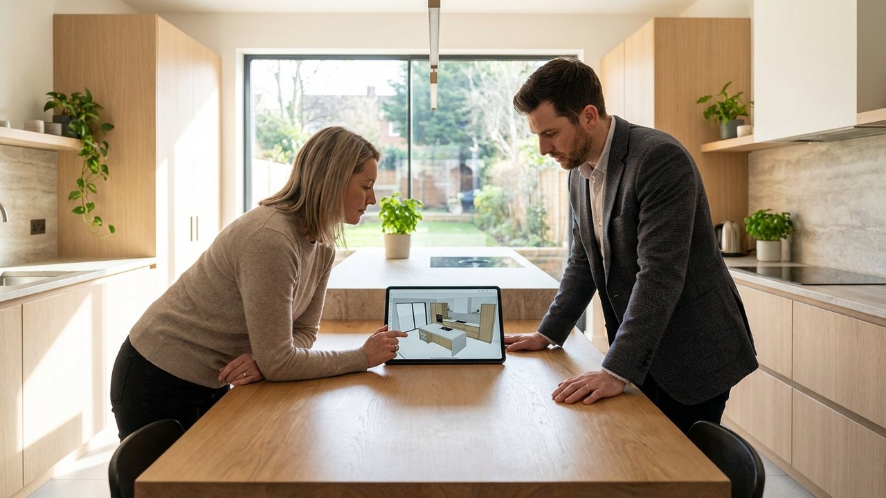 Conception de cuisine avec visualisation 3D et plans détaillés