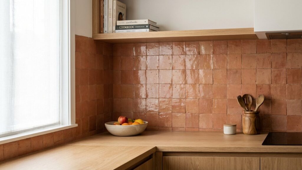 Crédence de cuisine avec carreaux zellige terracotta et style rustique