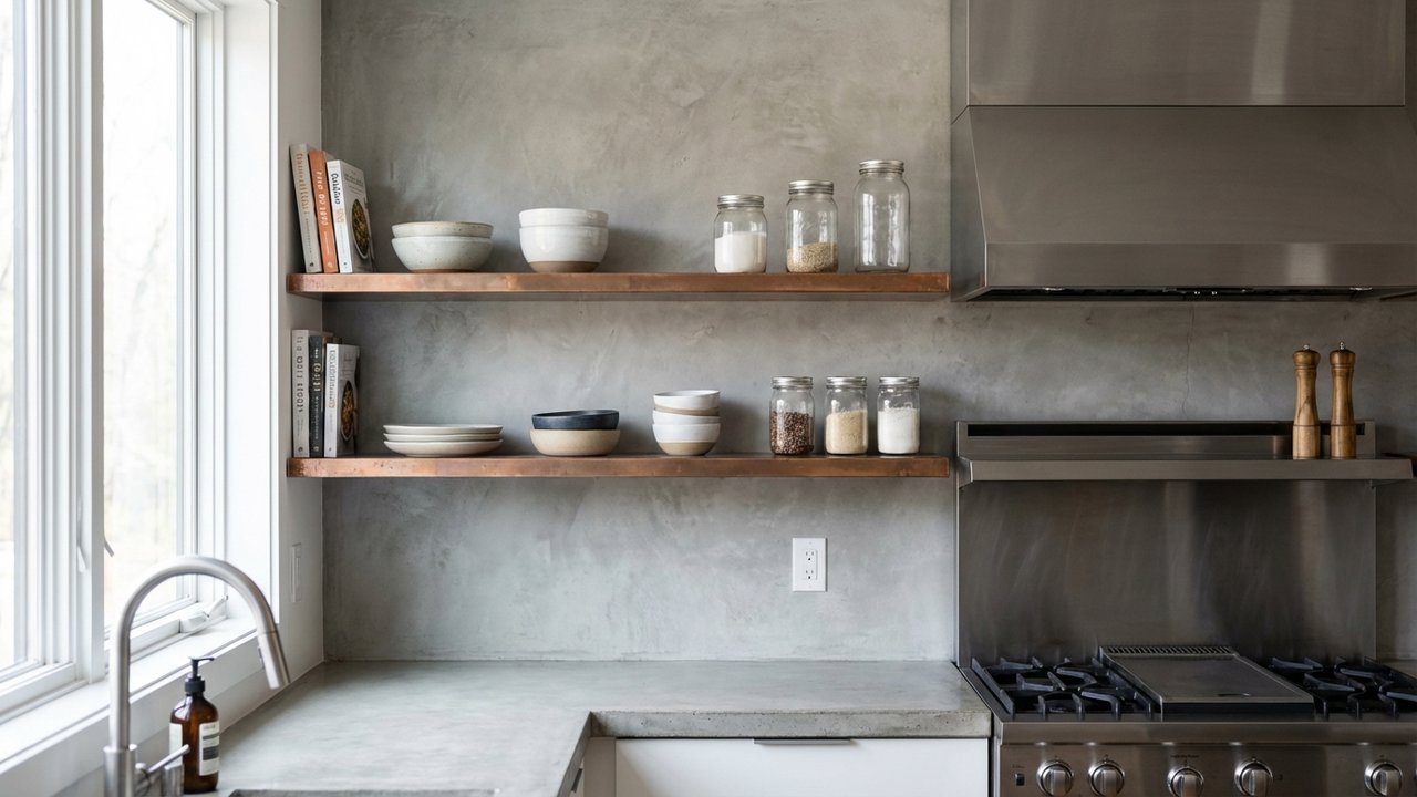 Crédence de cuisine style industriel en béton poli avec étagères cuivre