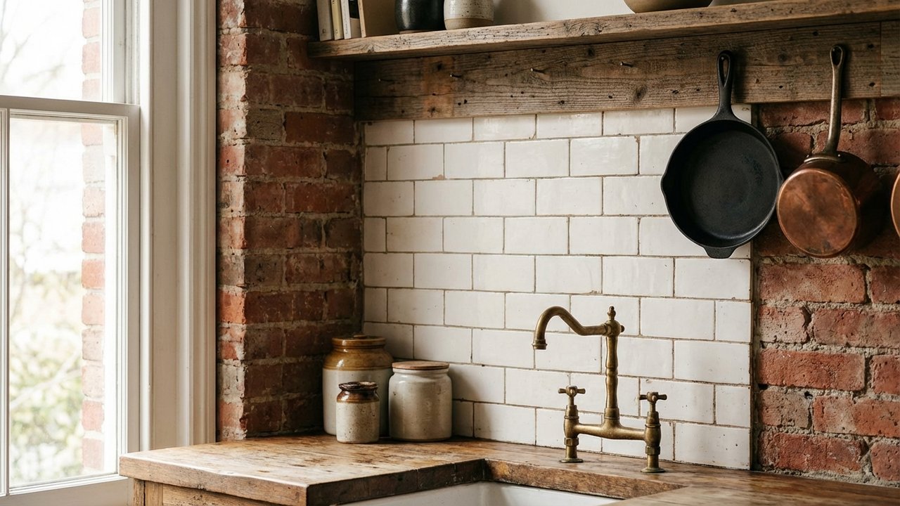 Crédence de cuisine rustique avec carrelage métro blanc authentique