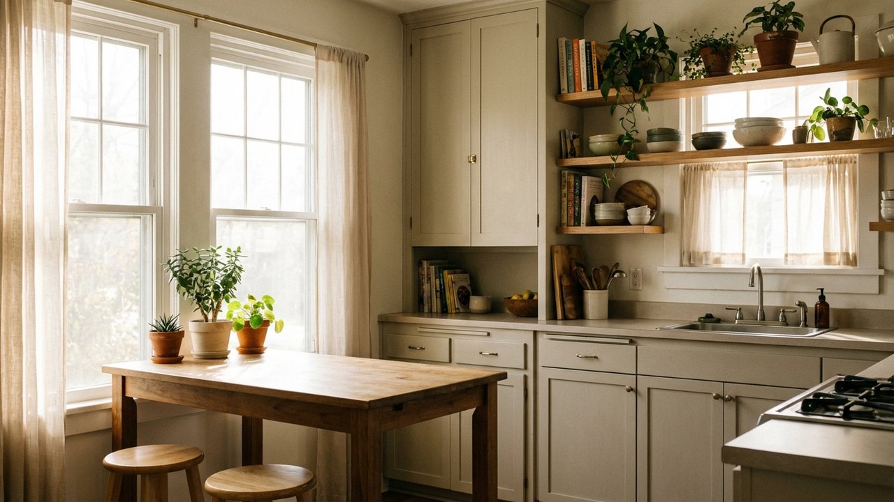 Petite cuisine combinant placards fermés et étagères ouvertes avec plantes