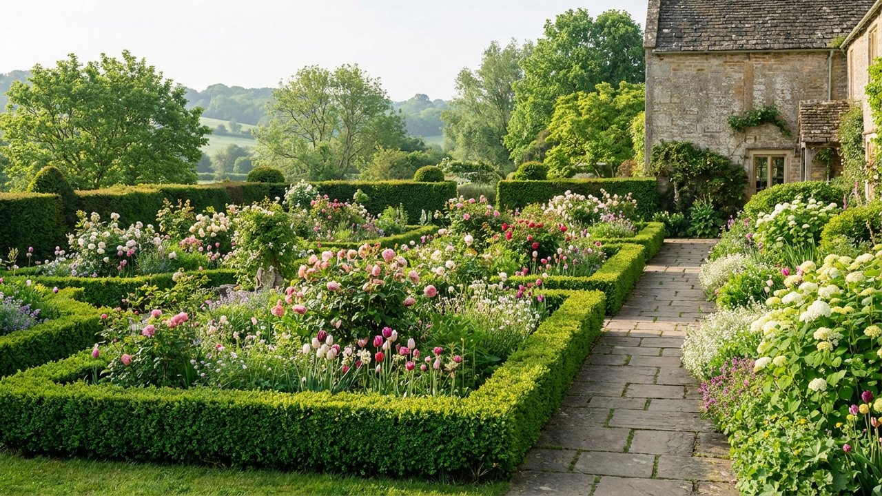 Jardin bien entretenu avec haies vives et massifs fleuris en toutes saisons