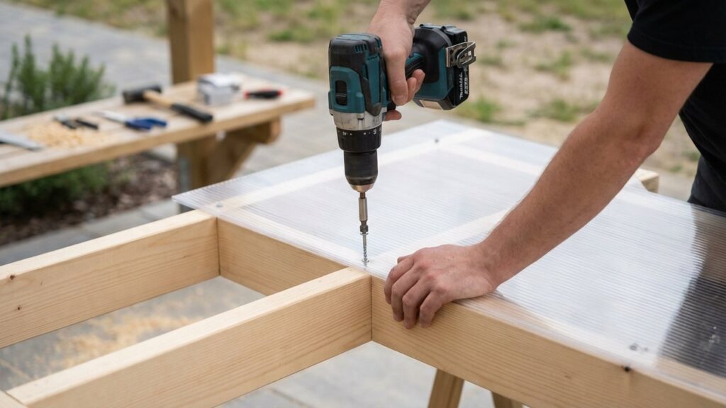 Fixation d'une plaque de polycarbonate sur une structure en bois