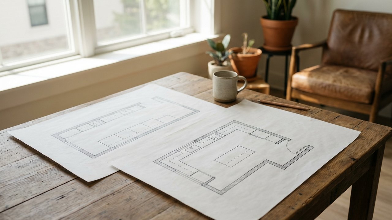 Schémas d'implantation de cuisine linéaire et en L pour petits espaces